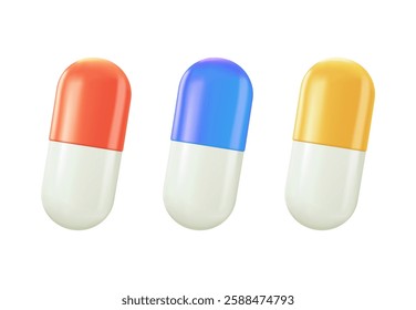 Different Pills 3D icons set pharmacy concept. Pills tablet, supplements, capsule drugs and medications. Healthcare, hematology, medicine minimal concept. Vector illustration