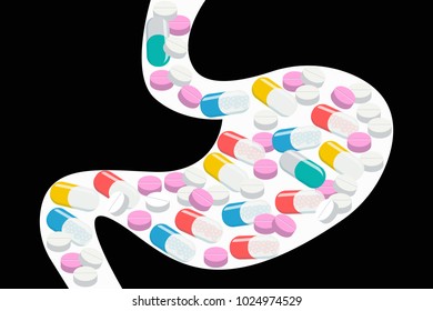 Different pills and caps filling white stomach. Overdose, intoxication with pills, drugs concept. Eps vector illustration