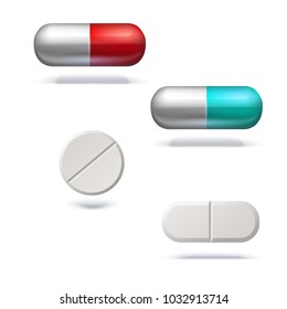 Different pills and capsules for illness. Set of realistic template of medical drugs, tablets, vitamin, antibiotics. Vector 3D illustrations, isolated on white background.