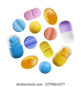 Different pills and capsules, realistic 3D vector illustration isolated on white background. Colorful pills in circle. Vitamins, drugs and medications. Concepts of healthcare and pharmacy.