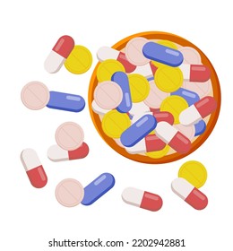 Different pills in a container isolated on a white background. flat style