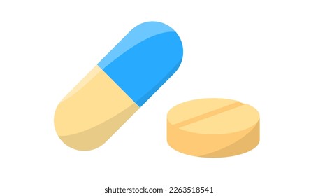 Verschiedene Tabletten Symbol auf hellem Hintergrund. Medizin, Gesundheitssymbol. Schmerzmittel, Erkrankungen, Apotheke, Vitaminzeichen. Mit Schatten gefärbt. Flachdesign