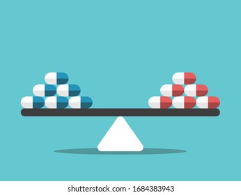 Different pills on seesaw weight scale. Comparison, choice, healthcare and medicine concept. Flat design. EPS 8 vector illustration, no transparency, no gradients