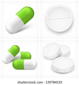 Different pills, tablet and capsule, on white, vector illustration. Vector Illustration.