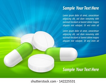 Different pills, tablet and capsule with text on medical poster, vector illustration.