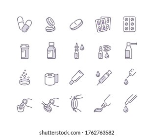 Different Pills, Tablets, Bottles and other Pharmacy Stuff Symbols. Nose Drops,  Throat Spray and Ointment Tube Signs. Medical Concept. Flat Line Vector Illustration and Icons set.