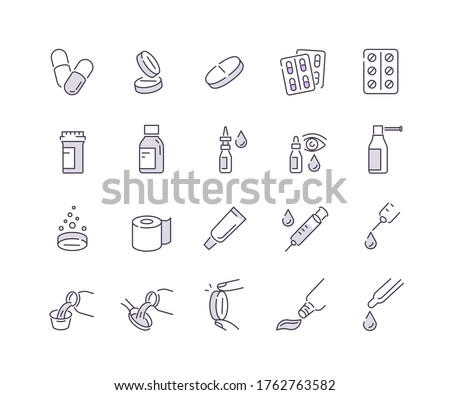 Different Pills, Tablets, Bottles and other Pharmacy Stuff Symbols. Nose Drops,  Throat Spray and Ointment Tube Signs. Medical Concept. Flat Line Vector Illustration and Icons set.