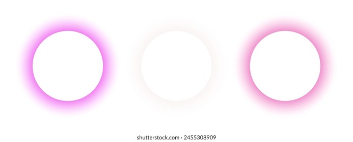 Different pink blurry round frames. Circle shapes with soft gradient borders in y2k aura style isolated on white background. Abstract design elements with empty space in center. Vector illustration.