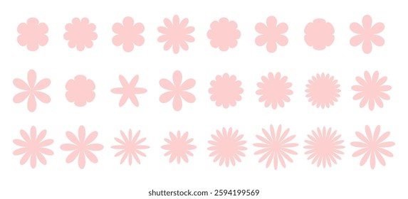 Different pink chamomile silhouette shapes big set. Delicate daisy icon isolated on white background. Cute collection round flower plants. Flat design