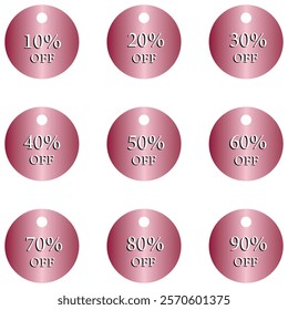 Different pink circle discount prices 10%, 20%, 25%, 30%, 40%, 50%, 60%, 70%, 80%, 90% Promotion sticker badge set for shopping, marketing and advertisement clearance sale, Save money. 