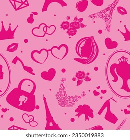 Different pink design elements for baby girl holiday or decoration. Abstract background with doodle elements isolated on light background