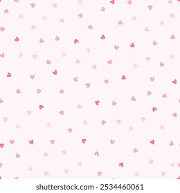 Different pink hearts on white background, seamless pattern. Vector illustration for wallpaper, wrapping paper, Valentine's Day, Wedding.