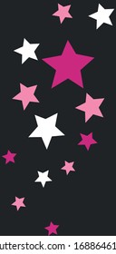 Different pink, purple and white stars on black fon