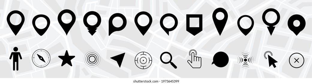 Different pins and markers for map design. Location pointers and elements for a map. Vector icons collection
