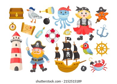 Different pirate elements for kids flat vector illustrations set. Cartoon ship captain, female character, treasure map and chest, cute, crab, underwater animals, anchor, lighthouse. Adventure concept