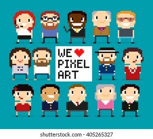 Personagens de arte de pixel diferentes, pessoas de 8 bits, trabalhadores de escritório de pixel, nós amamos o sinal de arte de pixel com coração de pixel