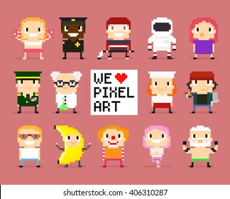 Different pixel art characters, 8 bit people, we love pixel art sign with pixel heart