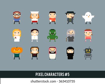 Verschiedene Pixelart-Zeichen: Koch, Kellner, Gespenst, Braut und Bräutigam, Orc, alter Magier, Araber, Roboter