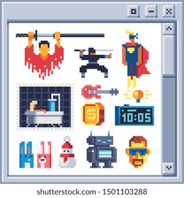 Different pixel art characters for video games. Design for logo, poster, sticker and app. Isolated vector illustration. Fighter and men with glasses, girl in the bathroom, robot and bunnies