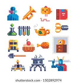 Different pixel art icons set for video games. Design for logo, sticker and app. Isolated vector illustration. Pipe, book, scissors, kettle, chemical flask, cake, chicken leg, knight with a sword.
