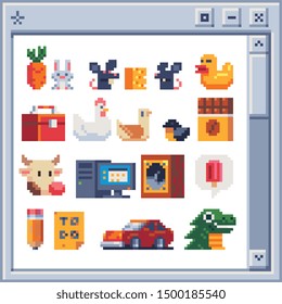 Different pixel art  illustration for video games. Design for logo, poster, sticker and app. Isolated vector. carrot and hare, mouse and cheese, duck, box, chicken and bird, chocolate, cow, computer.