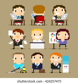 Different pixel art office characters, 8-bit characters, office character at his desk working on laptop, happy man with paper agreement, woman showing the presentation and other office characters  