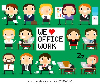 Different Pixel Art Office Characters, 8-bit Characters With We Love Office Work Sign