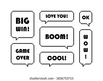 Different pixel speech bubbles with text set. Geometric texting dialogue boxes. Modern vector illustration.