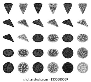 Different pizza black,monochrome icons in set collection for design.Pizza food vector symbol stock web illustration.