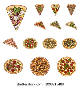Different pizza cartoon icons in set collection for design.Pizza food vector symbol stock web illustration.