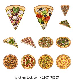 Different pizza cartoon icons in set collection for design.Pizza food vector symbol stock web illustration.