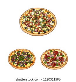 Different pizza cartoon icons in set collection for design.Pizza food vector symbol stock web illustration.