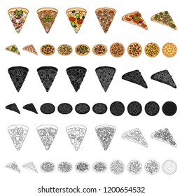 Different pizza cartoon icons in set collection for design.Pizza food vector symbol stock web illustration.