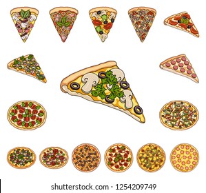 Different pizza cartoon icons in set collection for design.Pizza food vector symbol stock web illustration.