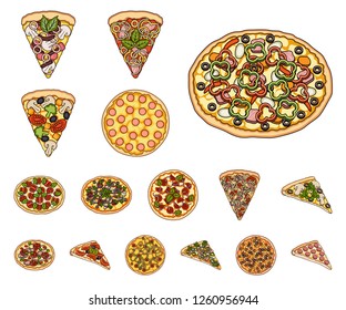 Different pizza cartoon icons in set collection for design.Pizza food vector symbol stock web illustration.