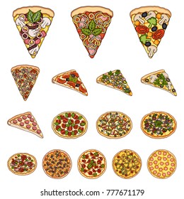 Different pizza cartoon icons in set collection for design.Pizza food vector symbol stock web illustration.