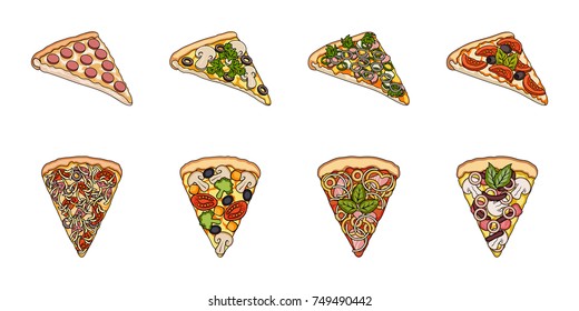 Different pizza icons in set collection for design.Pizza food vector symbol stock web illustration.