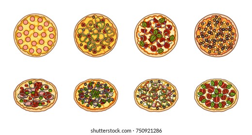 Different pizza icons in set collection for design.Pizza food vector symbol stock  illustration.