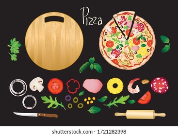 Different pizza and ingredients, circle wooden board, rolling pin and knife on black background