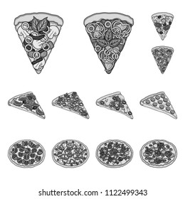 Different pizza monochrome icons in set collection for design.Pizza food vector symbol stock web illustration.