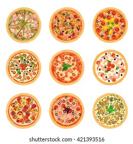 Different pizza set collection isolated. Italian American Pizza menu in restaurant.