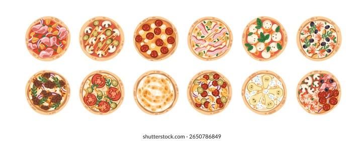 Different pizza set. Italian food, whole circles, top view with cheese, meat, vegetables, mushrooms, pepperoni, tomato on crust. Pizzeria menu. Flat vector illustrations isolated on white background