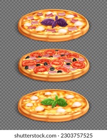 Different pizza set. Margarita pizza, pizza with ham and cheese, cheese pizza on transparent grey background