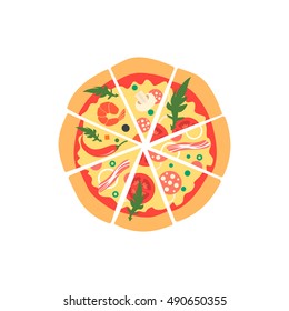 Different pizza slices with bacon, mushrooms, onion, pepper, chili, shrimp, tomatoes, pepperoni. Top view. Cartoon style