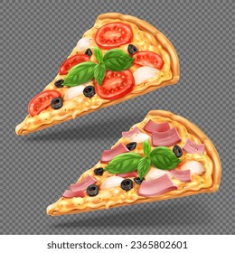 Different pizza slices isolated on a transparent background, realistic vector illustration