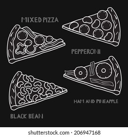 Different pizza slices on chalkboard.