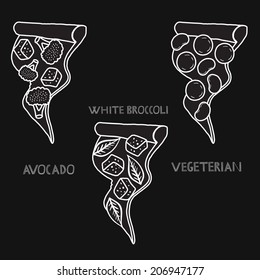 Different pizza slices on chalkboard.