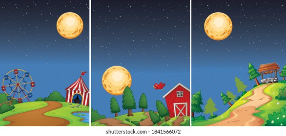 Different place at night scenes illustration