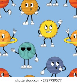 Diferentes personagens de planetas. Sistema solar, sol, saturno, planeta marte estilo cartoon groovy. Impressão decorativa para têxtil, tecido, papel de parede, vetor sem emenda padrão