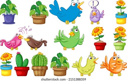Different plants and cute birds illustration
